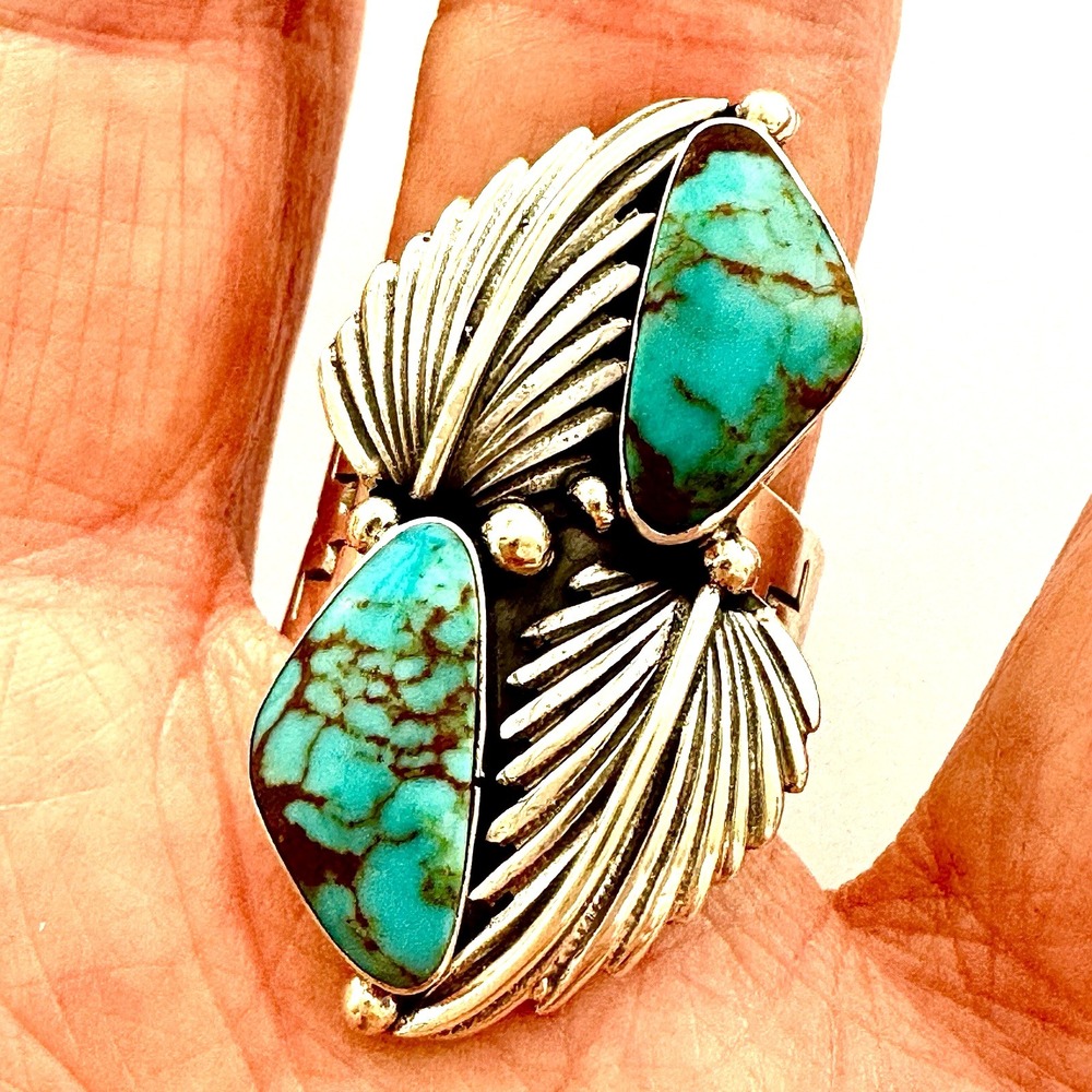 Leaf Navajo Ring Sz 8 Greg Yazzie Turquoise Sterling Native American‎ 2 Stone